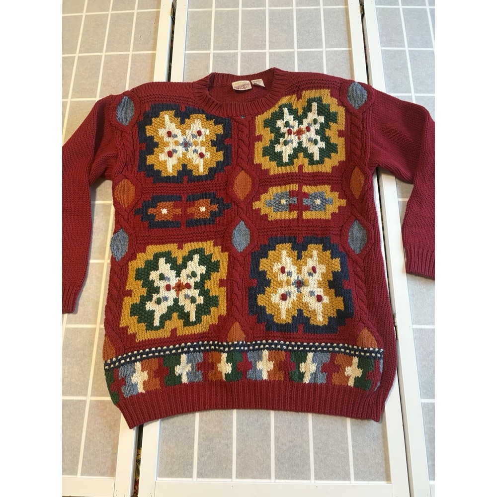 Vintage 80s Huntington Ridge Sweater Womens Medium Red Ramie Knit Geometric